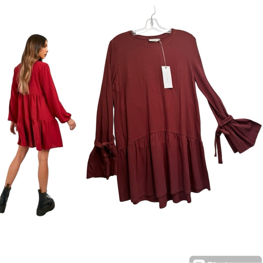 Lush NEW Flare Cotton Linen Bell Sleeves Ties Boho Loose Dress Oversized Tunic M